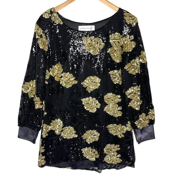DRESS THE POPULATION Women’s Black and Gold Sequin Mini Dress large - Picture 1 of 3